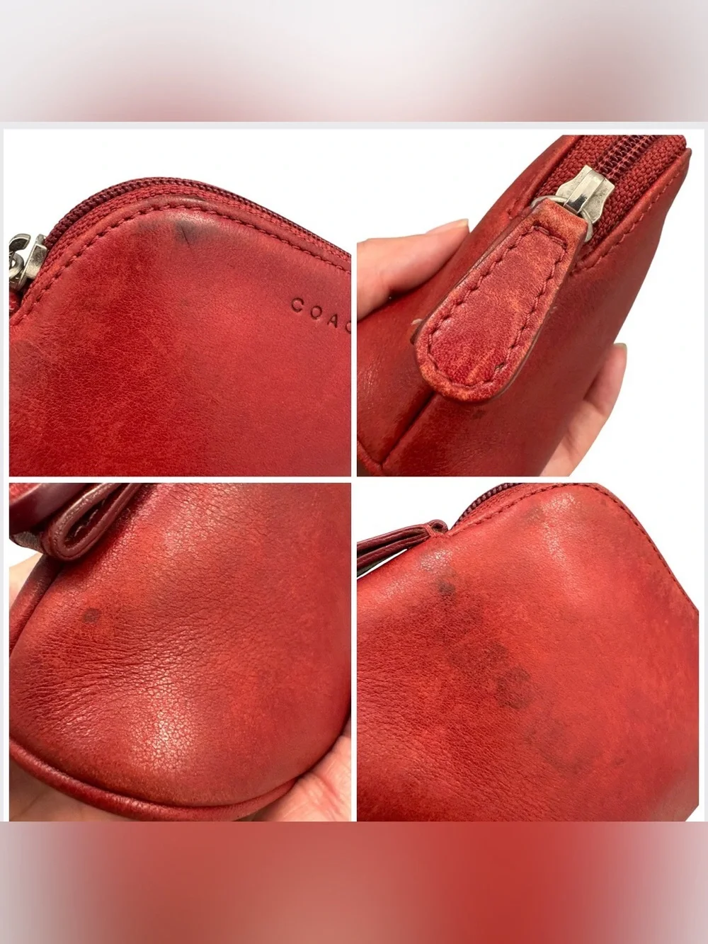 Vintage Coach Red Dome Leather Zip Mini Makeup Cosmetic Pouch **READ**